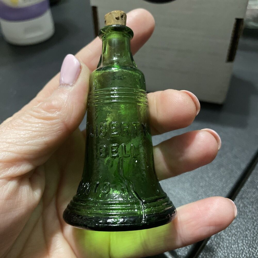 3" Vintage Green Glass Liberty Bell Bottle Mini Trinket Wheaton
